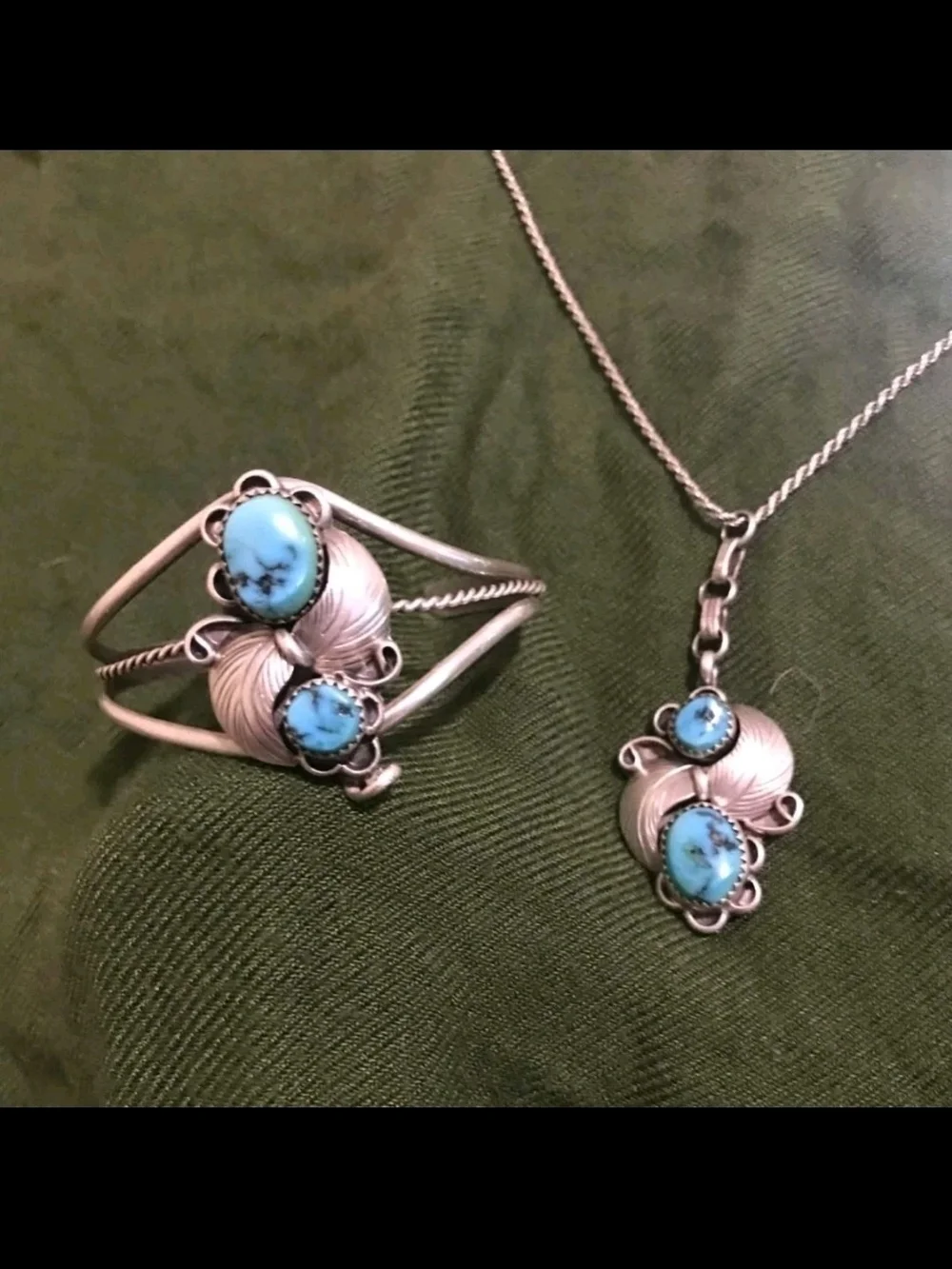 Vintage Navajo Sterling Silver Turquoise Cuff Bracelet & Necklace Signed GJ 925